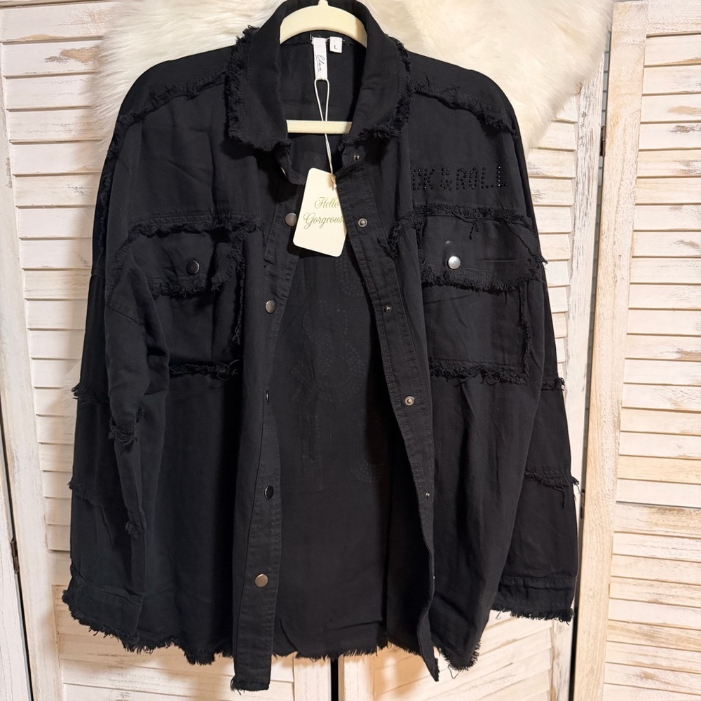 Elan Black Rhinestone Frayed Button-Up Jacket